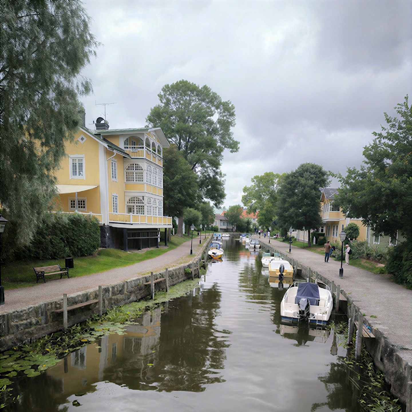 Gult trähus i klassisk Trosa-stil vid hamnen